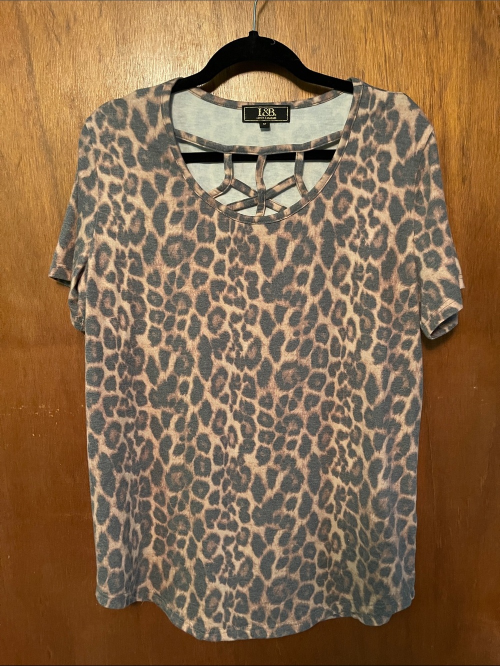 L&B Taupe and Gray Leopard Short Sleeve Top with Lattice Neck